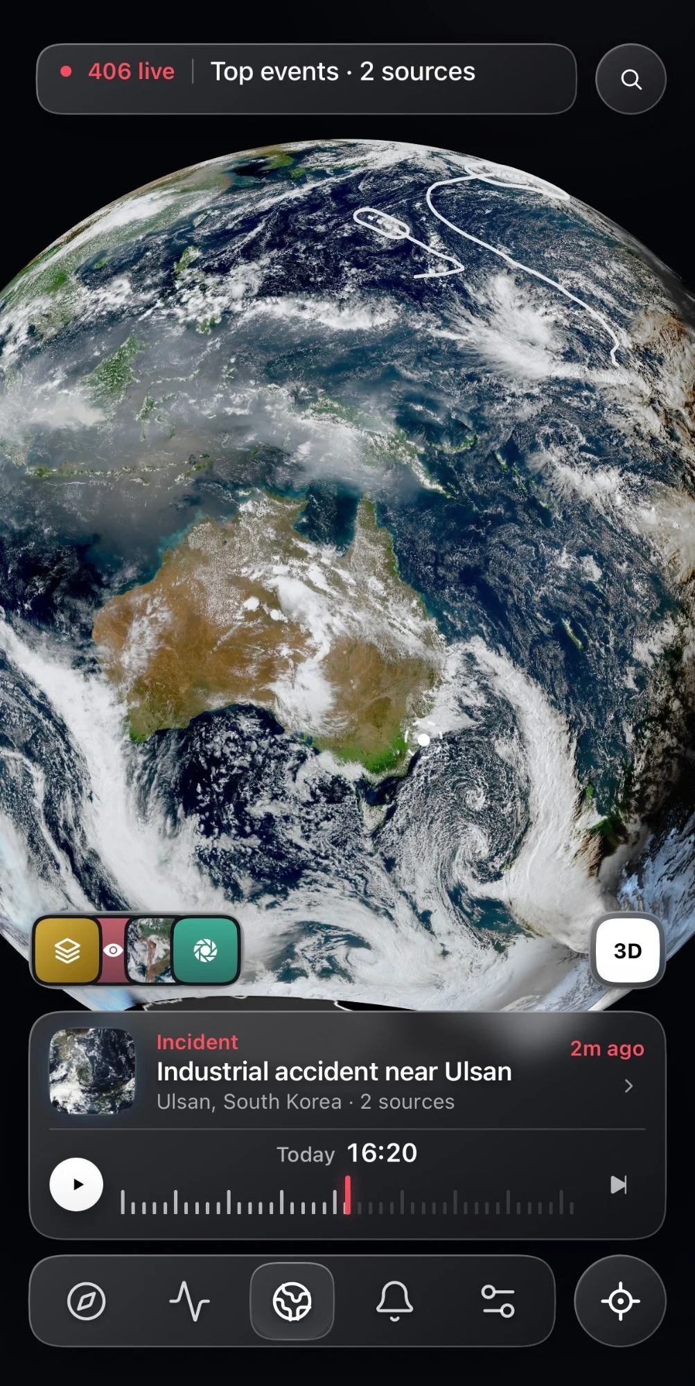 World Monitor on iPhone: the live satellite globe over Asia and Australia with two storm tracks